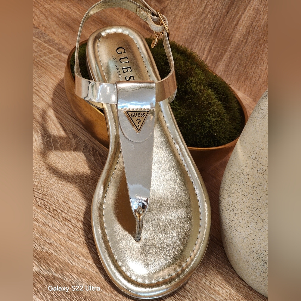 Guess Dorry's T-Strap Gold Women's Charm Logo Ankle Strap Flat Sandals Size 6 - Picture 8 of 13